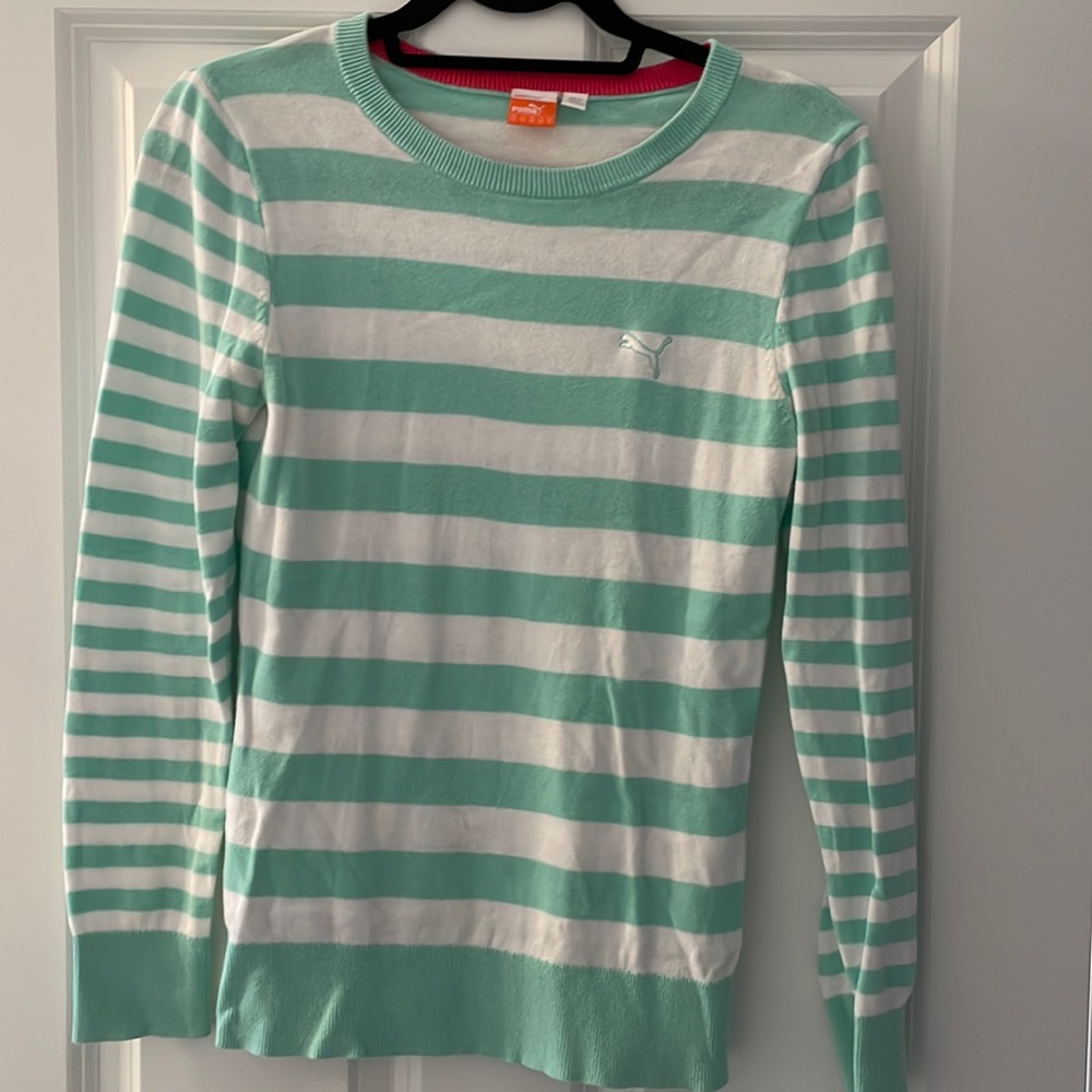 Puma Mint Green and White Striped Long Sleeve Top